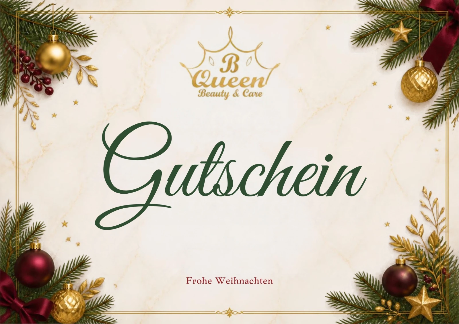 BQueen Weihnachtsgutschein mit Tannenzweigen, goldenen und bordeauxroten Kugeln und dem Gruß Frohe Weihnachten
